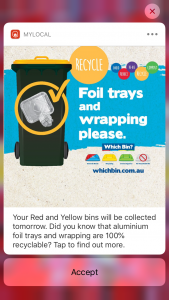Links to waste and recycling information and which bin to place items in.